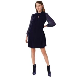 Hobbs London Womens Dress Faye Velvet A Line Navy Blue Sheer Sleeves NWT Size 10